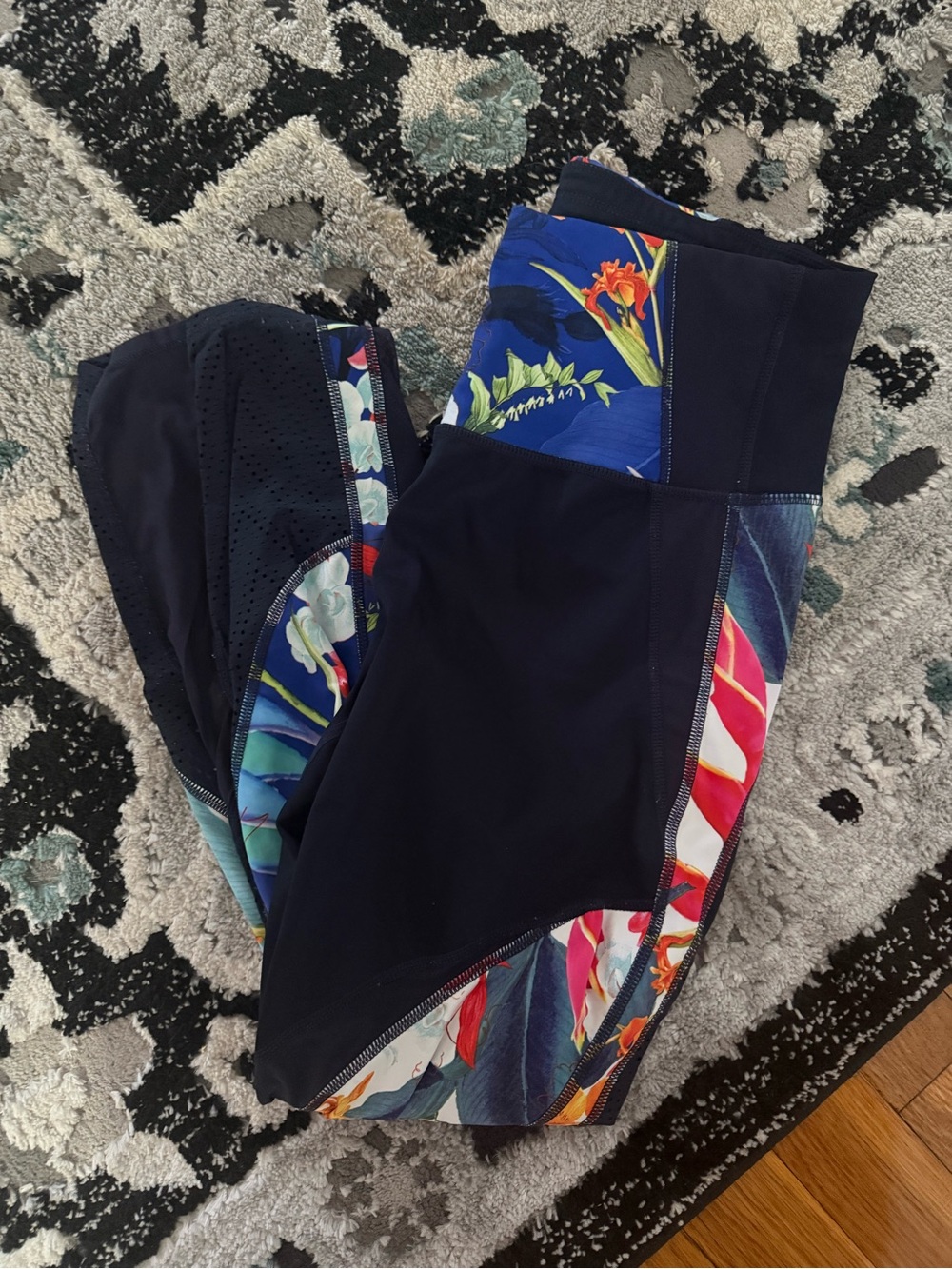 Athleta Navy Leggings with Tropical Floral Panels